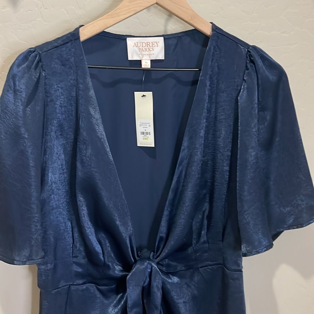 Silk Dress Margot Satin Wrap Navy Blue Party Audrey Soft Francesca’s Holiday - Picture 8 of 15
